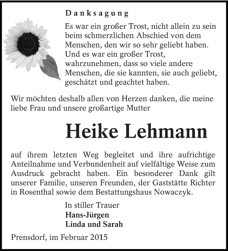  Traueranzeige für Heike Lehmann vom 18.02.2015 aus lausitzer_rundschau