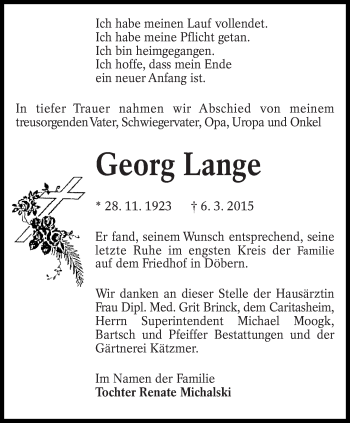Traueranzeige von Georg Lange von lausitzer_rundschau