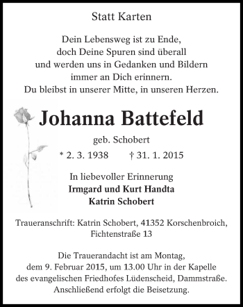 Traueranzeige von Johanna Battefeld von lausitzer_rundschau