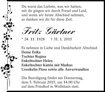 Traueranzeige von Fritz Gärtner von lausitzer_rundschau