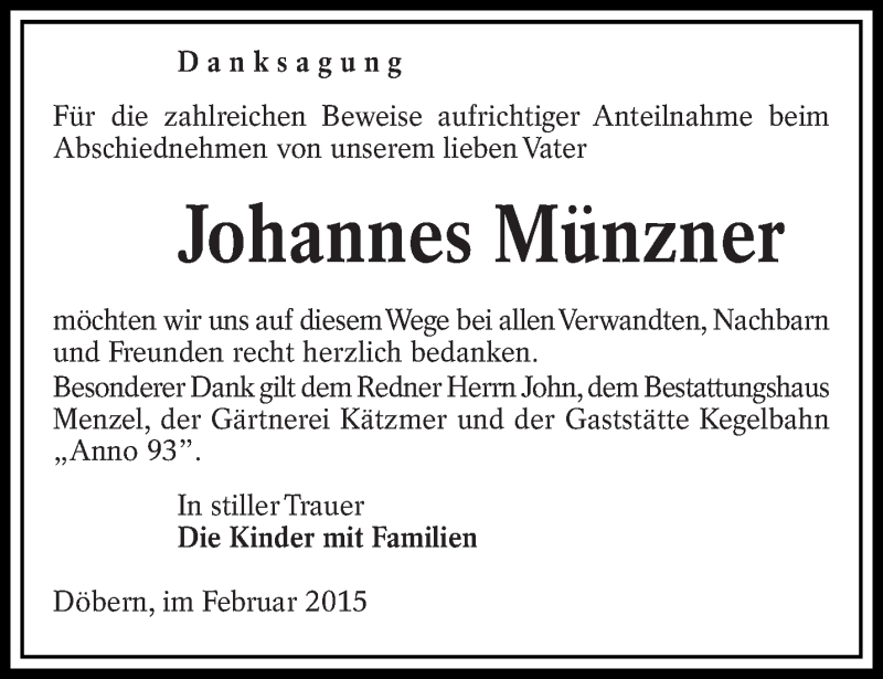  Traueranzeige für Johannes Münzner vom 08.02.2015 aus lausitzer_rundschau