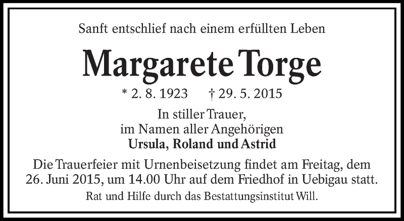 Traueranzeige für Margarete Torge vom 20.06.2015 aus lausitzer_rundschau