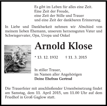 Traueranzeige von Arnold Klose von lausitzer_rundschau