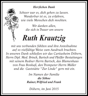 Traueranzeige von Ruth Krautzig von lausitzer_rundschau
