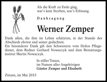 Traueranzeige von Werner Zemper von lausitzer_rundschau