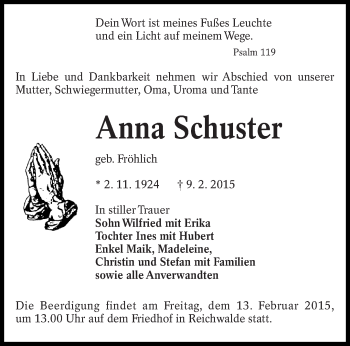 Traueranzeige von Anna Schuster von lausitzer_rundschau