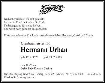 Traueranzeige von Hermann Urban von lausitzer_rundschau