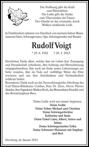 Traueranzeige von Rudolf Voigt von lausitzer_rundschau