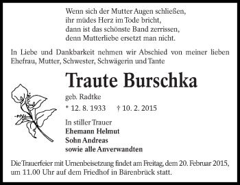 Traueranzeige von Traute Burschka von lausitzer_rundschau