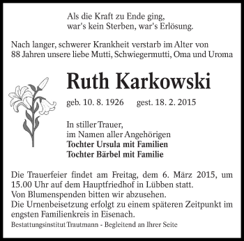 Traueranzeige von Ruth Karkowski von lausitzer_rundschau