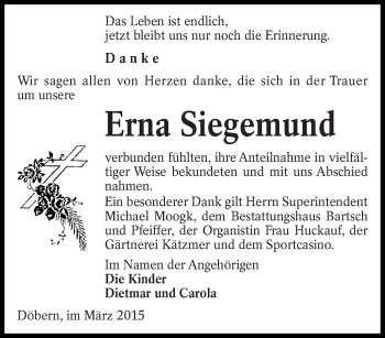 Traueranzeige von Erna Siegemund von lausitzer_rundschau