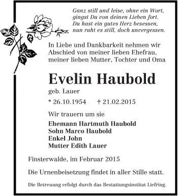 Traueranzeige von Evelin Haubold von lausitzer_rundschau
