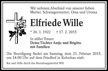 Traueranzeige von Elfriede Wille von lausitzer_rundschau