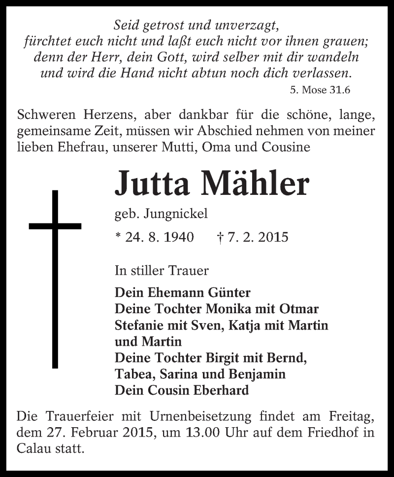  Traueranzeige für Jutta Mähler vom 14.02.2015 aus lausitzer_rundschau