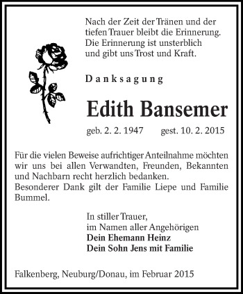 Traueranzeige von Edith Bansemer von lausitzer_rundschau