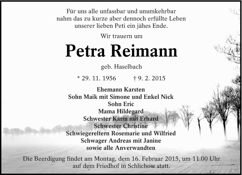  Traueranzeige für Petra Reimann vom 13.02.2015 aus lausitzer_rundschau