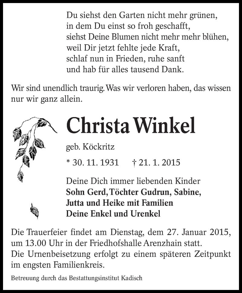  Traueranzeige für Christa Winkel vom 24.01.2015 aus lausitzer_rundschau