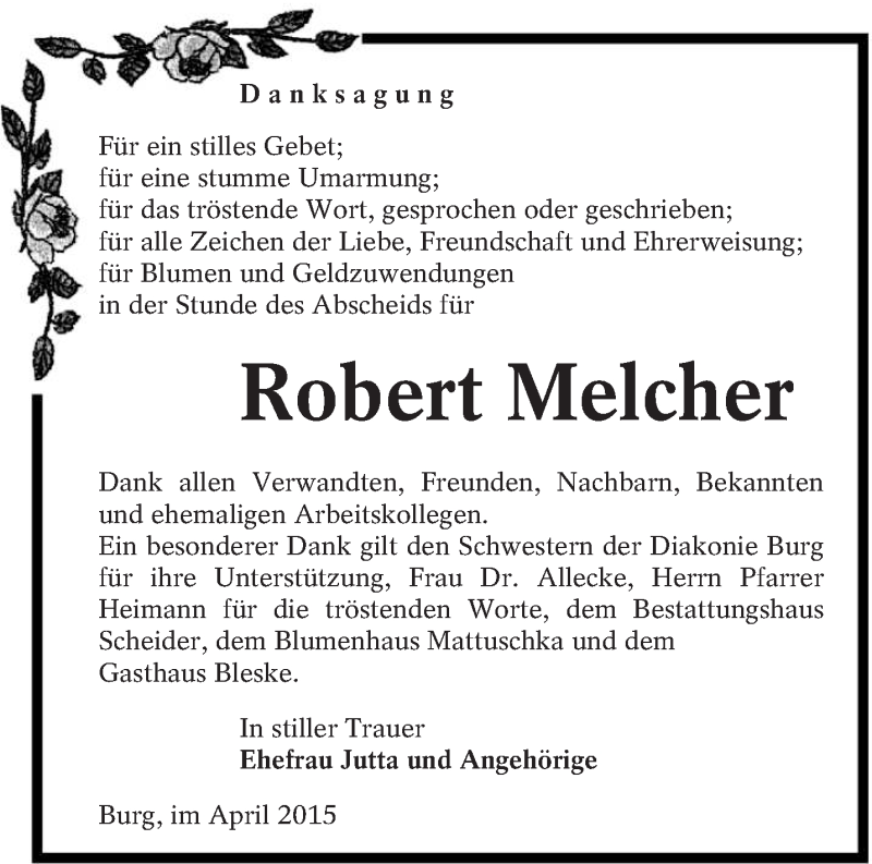  Traueranzeige für Robert Melcher vom 11.04.2015 aus lausitzer_rundschau