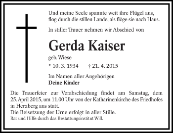 Traueranzeige von Gerda Kaiser von lausitzer_rundschau