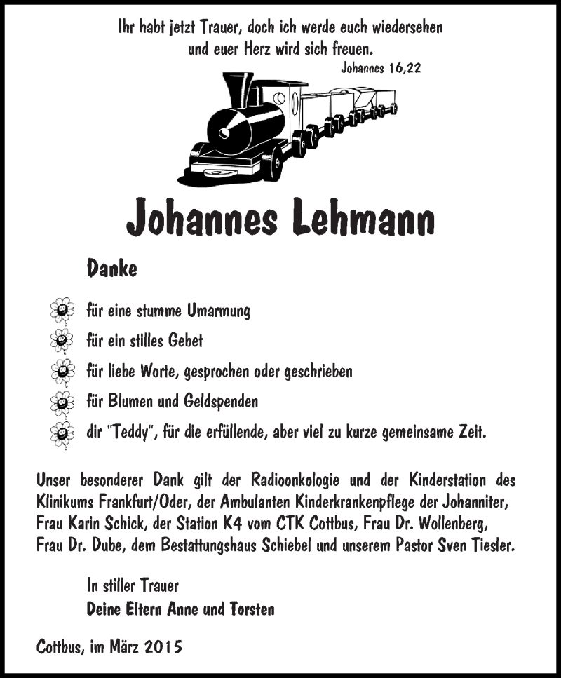  Traueranzeige für Johannes Lehmann vom 21.03.2015 aus lausitzer_rundschau