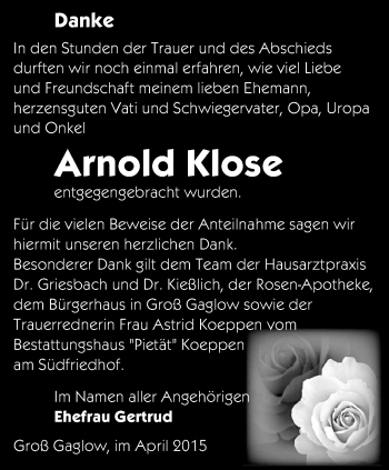 Traueranzeige von Arnold Klose von lausitzer_rundschau