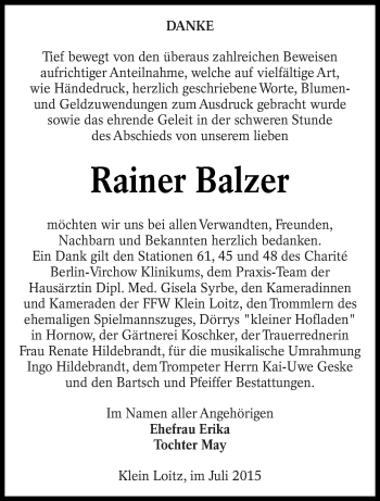 Traueranzeige von Rainer Balzer von lausitzer_rundschau