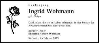 Traueranzeige von Ingrid Wohmann von lausitzer_rundschau