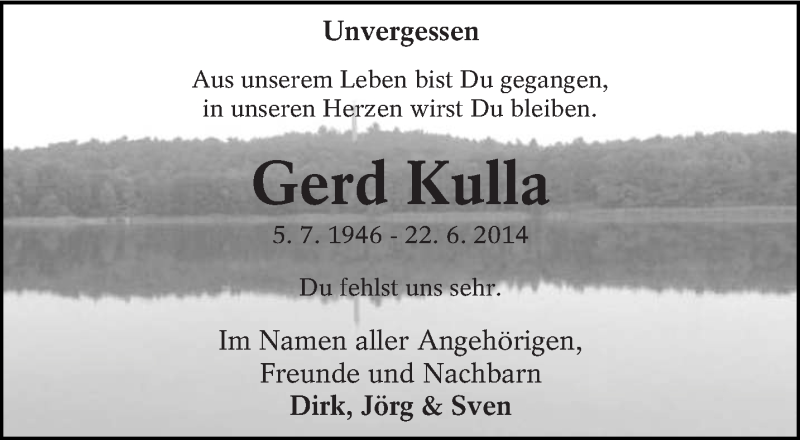  Traueranzeige für Gerd Kulla vom 22.06.2015 aus lausitzer_rundschau
