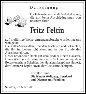 Traueranzeige von Fritz Feltin von lausitzer_rundschau