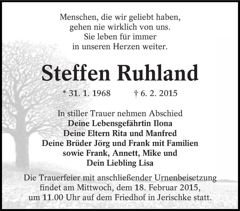  Traueranzeige für Steffen Ruhland vom 15.02.2015 aus lausitzer_rundschau