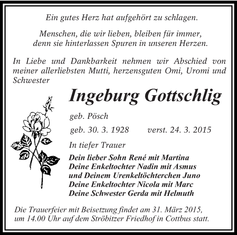  Traueranzeige für Ingeburg Gottschlig vom 28.03.2015 aus lausitzer_rundschau