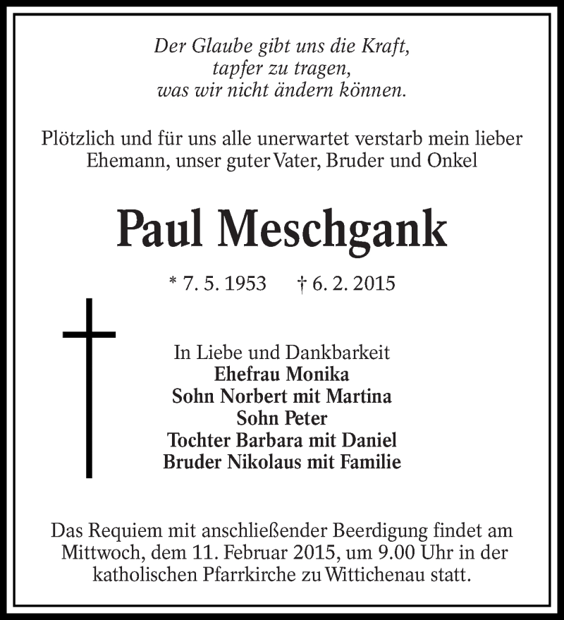  Traueranzeige für Paul Meschgank vom 10.02.2015 aus lausitzer_rundschau