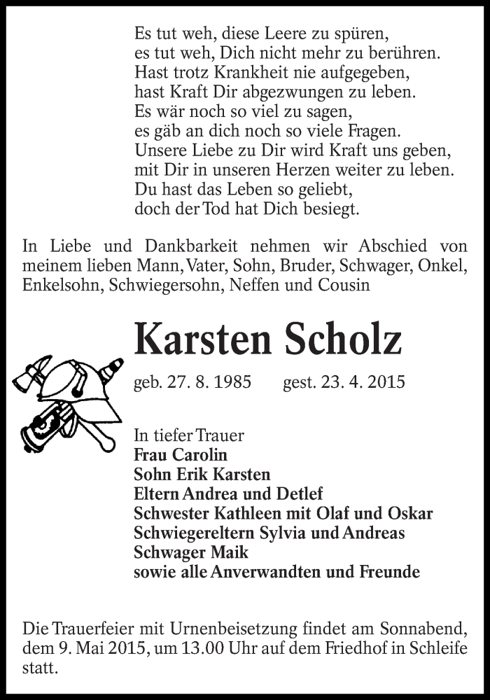  Traueranzeige für Karsten Scholz vom 28.04.2015 aus lausitzer_rundschau