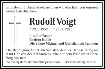 Traueranzeige von Rudolf Voigt von lausitzer_rundschau