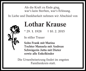 Traueranzeige von Lothar Krause von lausitzer_rundschau