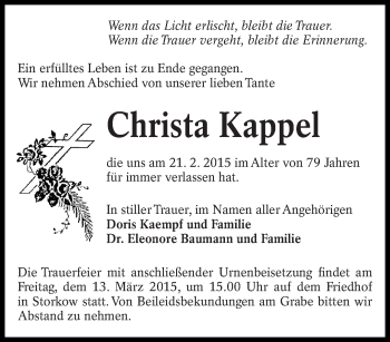 Traueranzeige von Christa Kappel von lausitzer_rundschau