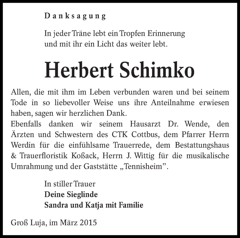  Traueranzeige für Herbert Schimko vom 29.03.2015 aus lausitzer_rundschau