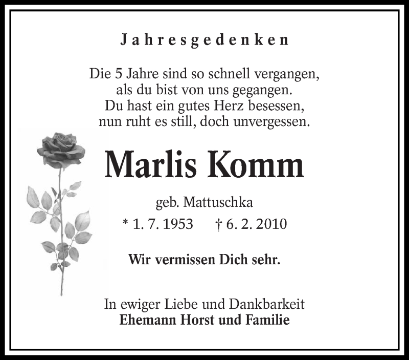  Traueranzeige für Marlis Komm vom 06.02.2015 aus lausitzer_rundschau