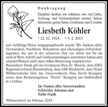 Traueranzeige von Liesbeth Köhler von lausitzer_rundschau