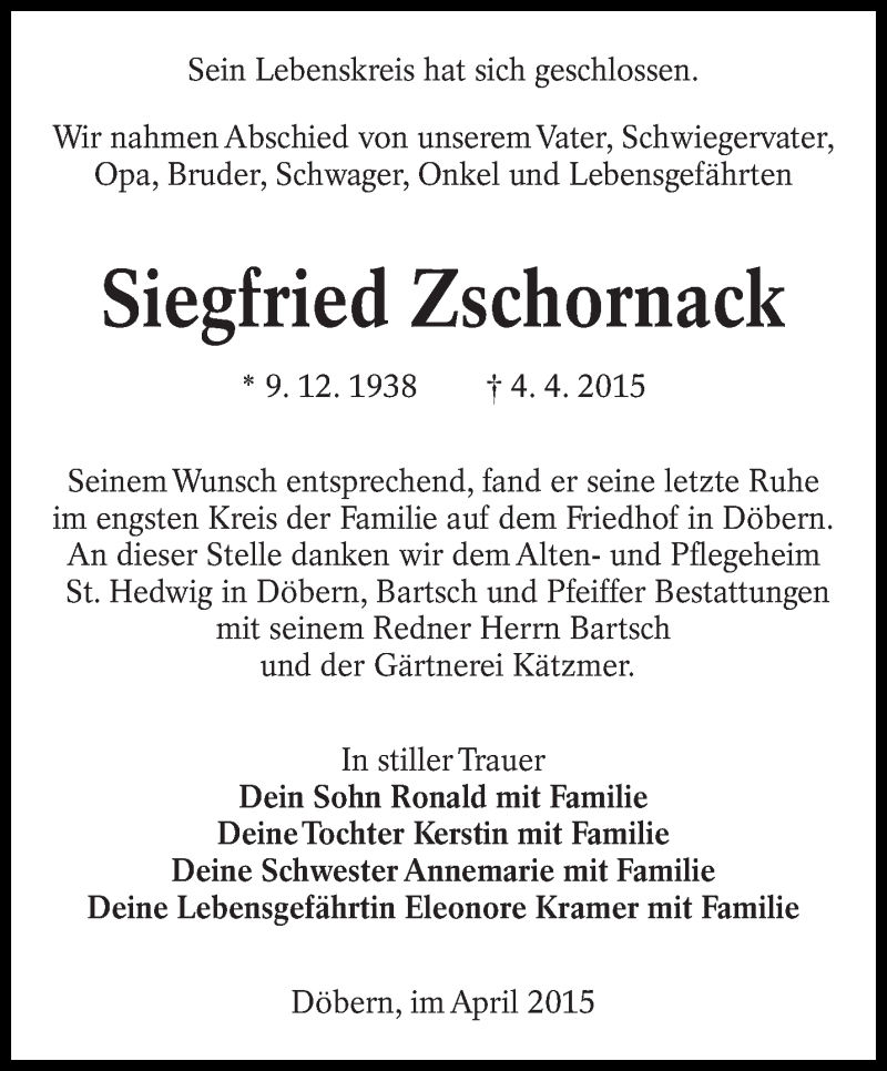  Traueranzeige für Siegfried Zschornack vom 19.04.2015 aus lausitzer_rundschau