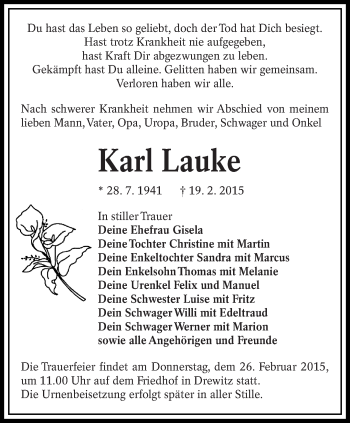 Traueranzeige von Karl Lauke von lausitzer_rundschau