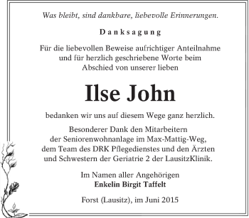 Traueranzeige von Ilse John von lausitzer_rundschau