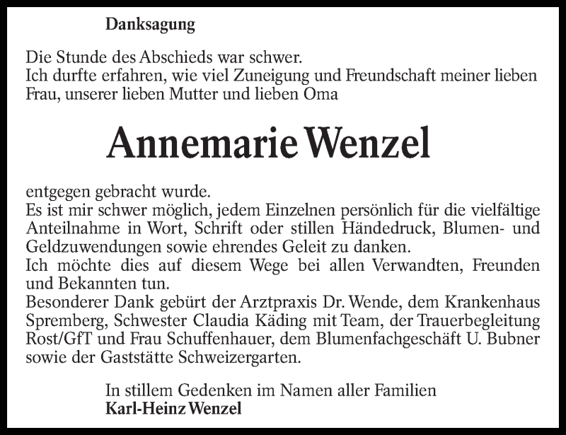 Traueranzeigen Von Annemarie Wenzel Lr Online Trauer De