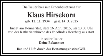 Traueranzeige von Klaus Hirsekorn von lausitzer_rundschau