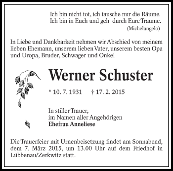 Traueranzeige von Werner Schuster von lausitzer_rundschau