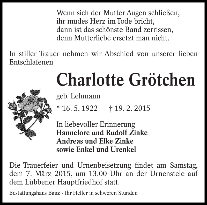  Traueranzeige für Charlotte Grötchen vom 28.02.2015 aus lausitzer_rundschau