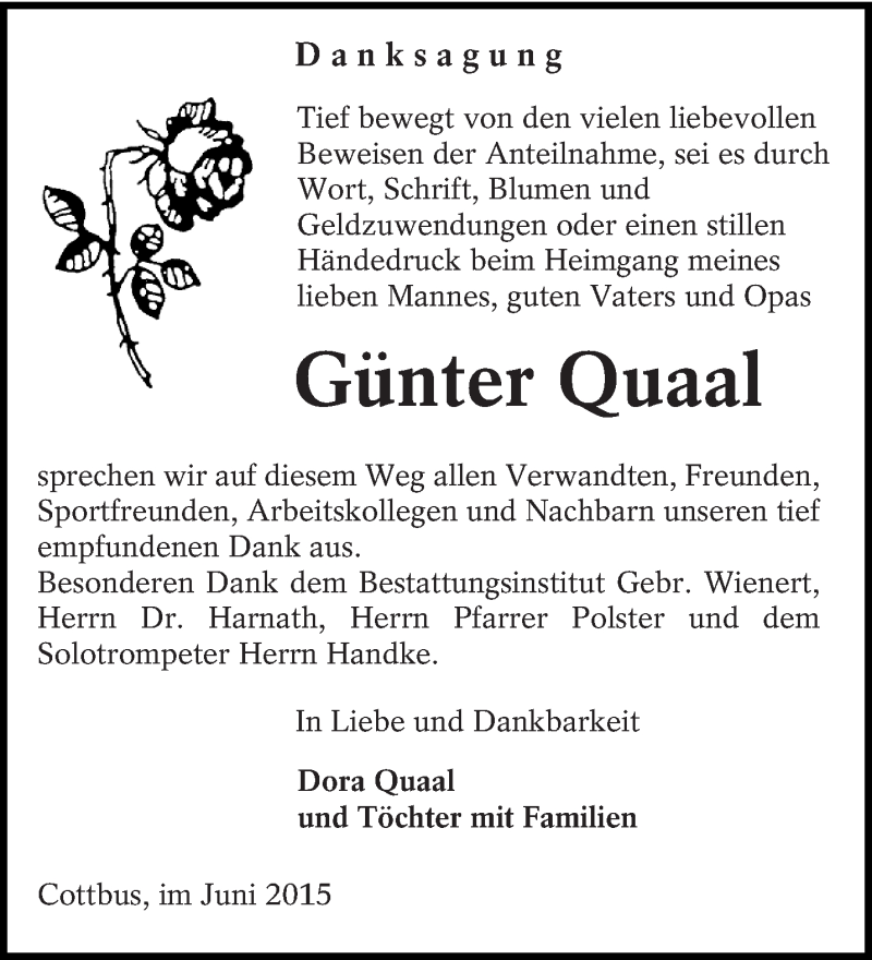  Traueranzeige für Günter Quaal vom 11.07.2015 aus lausitzer_rundschau