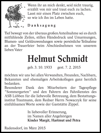 Traueranzeige von Helmut Schmidt von lausitzer_rundschau