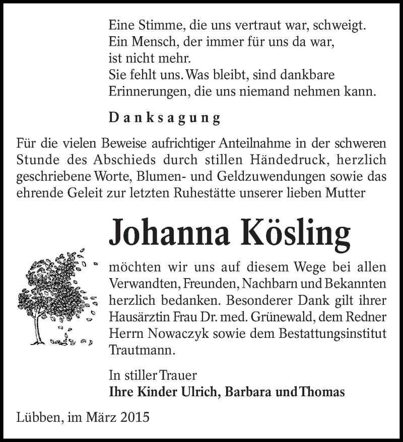  Traueranzeige für Johanna Kösling vom 21.03.2015 aus lausitzer_rundschau