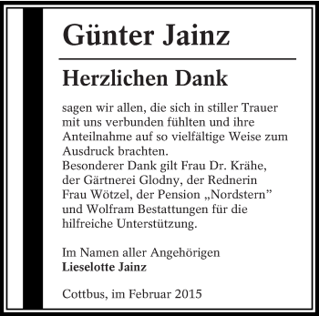 Traueranzeige von Günter Jainz von lausitzer_rundschau